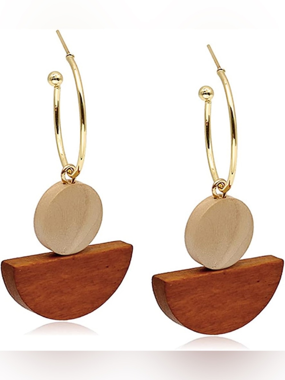 Gold Hoop Earrings with Beige and Brown Geometric Drops - Women Jewelry